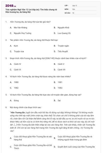 Trắc nghiệm Ngữ Văn 12 (có đáp án): Tìm hiểu chung về Hồn trương ba, da hàng thịt