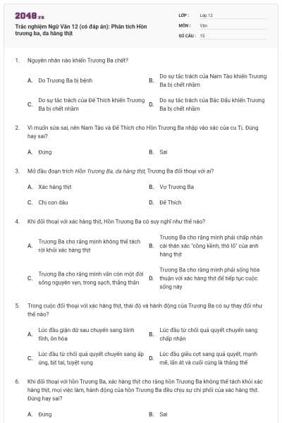 Trắc nghiệm Ngữ Văn 12 (có đáp án): Phân tích Hồn trương ba, da hàng thịt