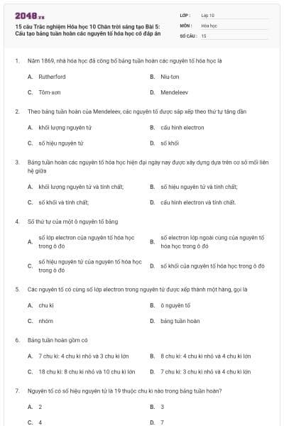15 câu Trắc nghiệm Hóa học 10 Chân trời sáng tạo Bài 5: Cấu tạo bảng tuần hoàn các nguyên tố hóa học có đáp án