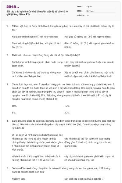 Bài tập trắc nghiệm Cơ chế di truyền cấp độ tế bào có lời giải (thông hiểu - P2)