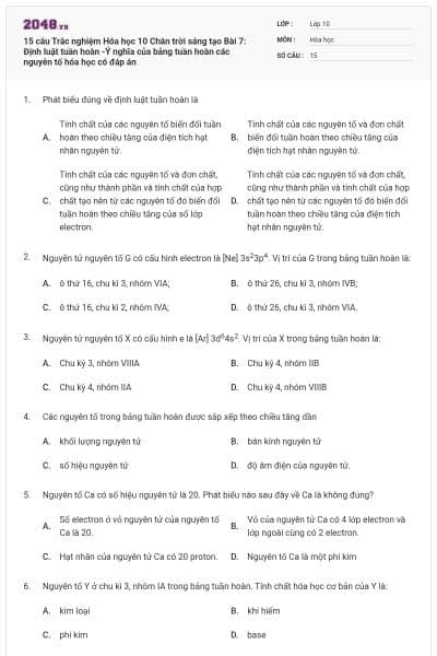 15 câu Trắc nghiệm Hóa học 10 Chân trời sáng tạo Bài 7: Định luật tuần hoàn -Ý nghĩa của bảng tuần hoàn các nguyên tố hóa học có đáp án