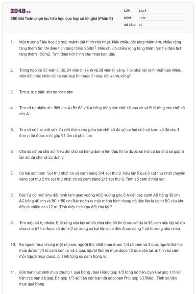 500 Bài Toán chọn lọc tiểu học cực hay có lời giải (Phần 9)