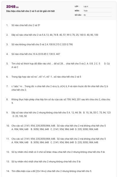 Dấu hiệu chia hết cho 2 và 5 có lời giải chi tiết