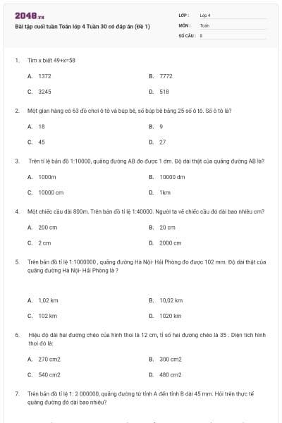 Bài tập cuối tuần Toán lớp 4 Tuần 30 có đáp án (Đề 1)