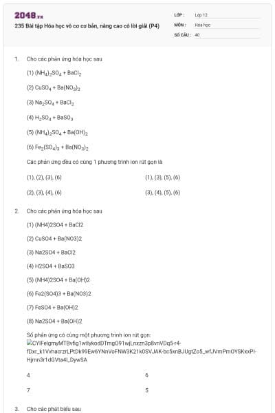 235 Bài tập Hóa học vô cơ cơ bản, nâng cao có lời giải (P4)