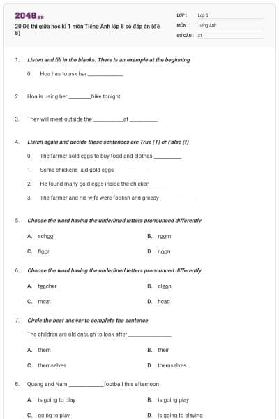 20 Đề thi giữa học kì 1 môn Tiếng Anh lớp 8 có đáp án (đề 8)