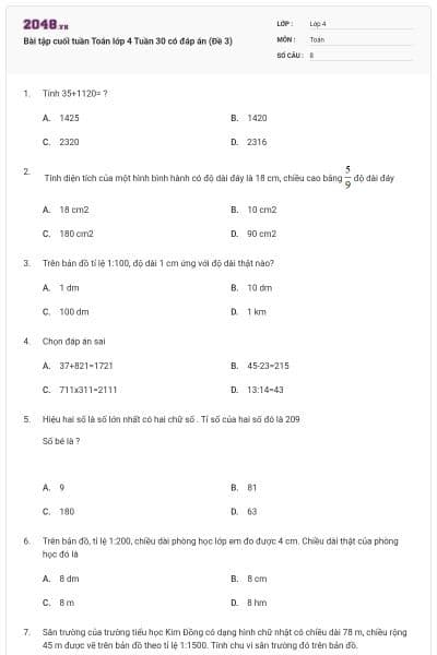 Bài tập cuối tuần Toán lớp 4 Tuần 30 có đáp án (Đề 3)