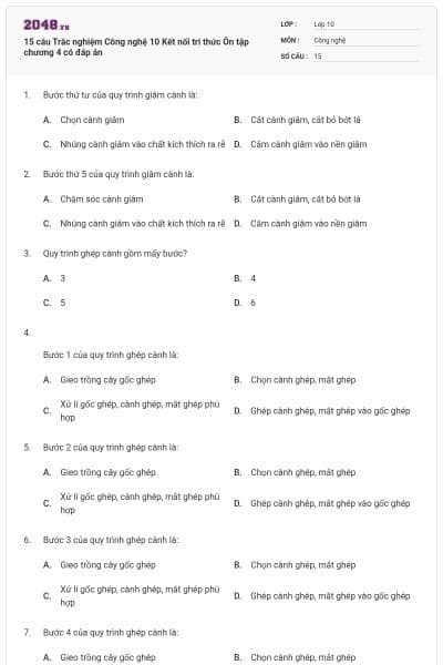 15 câu Trắc nghiệm Công nghệ 10 Kết nối tri thức Ôn tập chương 4 có đáp án