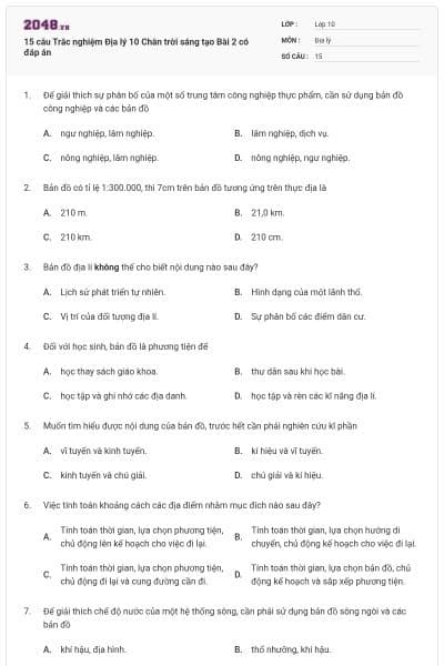 15 câu Trắc nghiệm Địa lý 10 Chân trời sáng tạo Bài 2 có đáp án