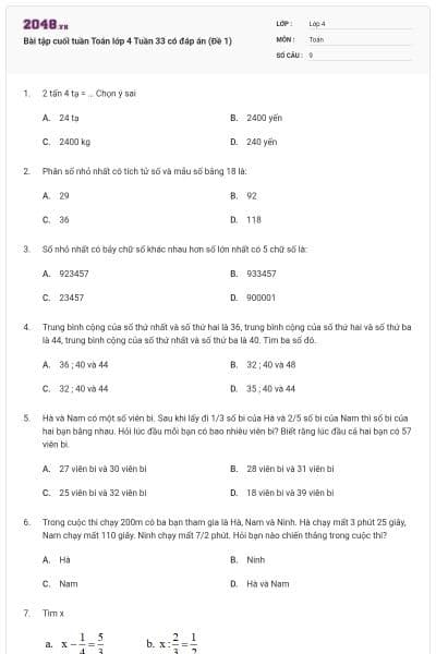 Bài tập cuối tuần Toán lớp 4 Tuần 33 có đáp án (Đề 1)
