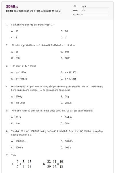 Bài tập cuối tuần Toán lớp 4 Tuần 33 có đáp án (Đề 3)