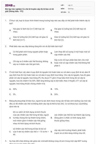 Bài tập trắc nghiệm Cơ chế di truyền cấp độ tế bào có lời giải (thông hiểu - P2)