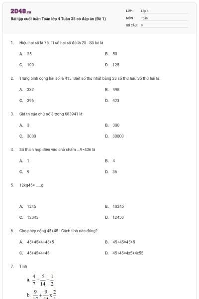 Bài tập cuối tuần Toán lớp 4 Tuần 35 có đáp án (Đề 1)