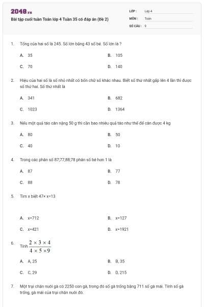 Bài tập cuối tuần Toán lớp 4 Tuần 35 có đáp án (Đề 2)