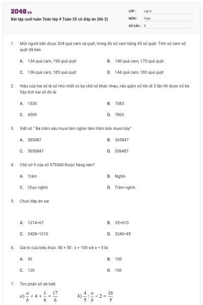 Bài tập cuối tuần Toán lớp 4 Tuần 35 có đáp án (Đề 3)