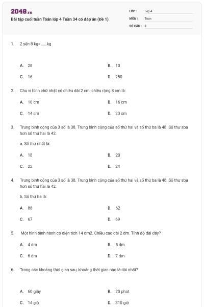 Bài tập cuối tuần Toán lớp 4 Tuần 34 có đáp án (Đề 1)