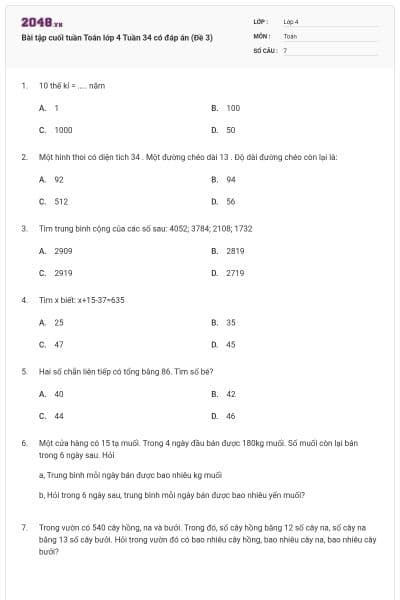 Bài tập cuối tuần Toán lớp 4 Tuần 34 có đáp án (Đề 3)