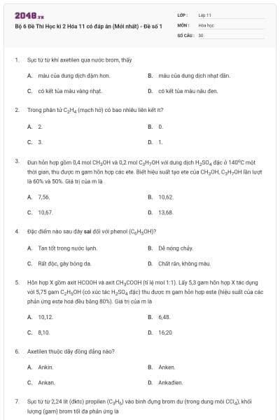 Bộ 6 Đề Thi Học kì 2 Hóa 11 có đáp án (Mới nhất) - Đề số 1
