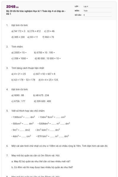 Bộ 20 đề thi trắc nghiệm Học kì 1 Toán lớp 4 có đáp án - Đề 1