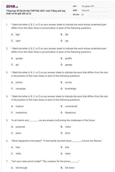 Tổng hợp 30 Đề thi thử THPTQG 2021 môn Tiếng anh hay nhất có lời giải (Đề số 2)