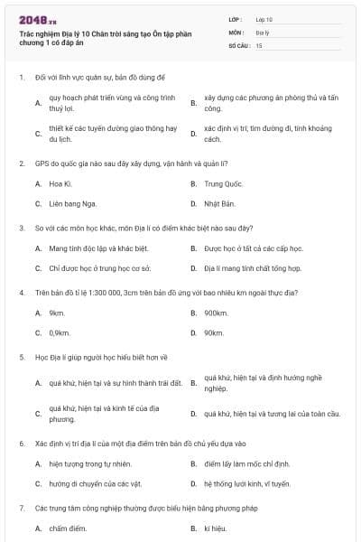 Trắc nghiệm Địa lý 10 Chân trời sáng tạo Ôn tập phần chương 1 có đáp án