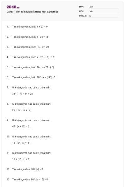 Dạng 1: Tìm số chưa biết trong một đẳng thức