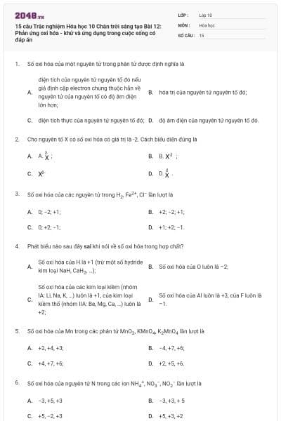 15 câu Trắc nghiệm Hóa học 10 Chân trời sáng tạo Bài 12: Phản ứng oxi hóa - khử và ứng dụng trong cuộc sống có đáp án