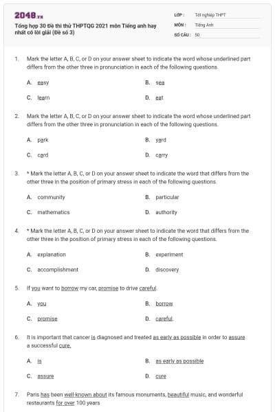 Tổng hợp 30 Đề thi thử THPTQG 2021 môn Tiếng anh hay nhất có lời giải (Đề số 3)