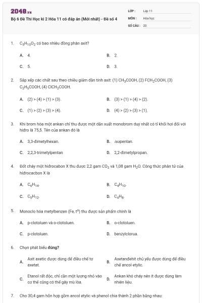 Bộ 6 Đề Thi Học kì 2 Hóa 11 có đáp án (Mới nhất) - Đề số  4