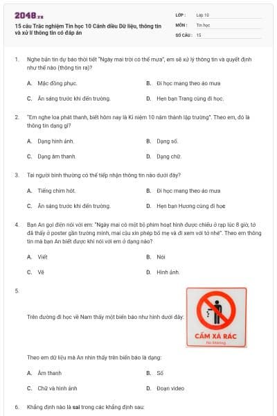 15 câu Trắc nghiệm Tin học 10 Cánh diều Dữ liệu, thông tin và xử lí thông tin có đáp án