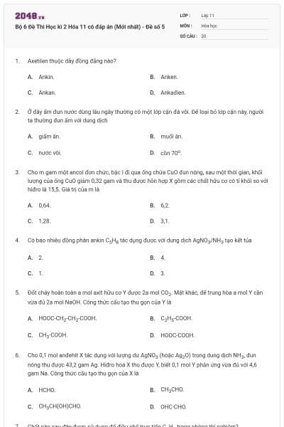 Bộ 6 Đề Thi Học kì 2 Hóa 11 có đáp án (Mới nhất) - Đề số  5
