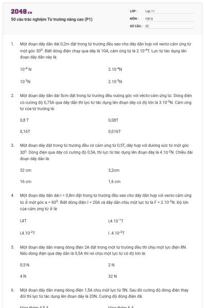 50 câu trắc nghiệm Từ trường nâng cao (P1)