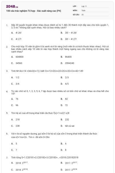 100 câu trắc nghiệm Tổ hợp - Xác suất nâng cao (P4)
