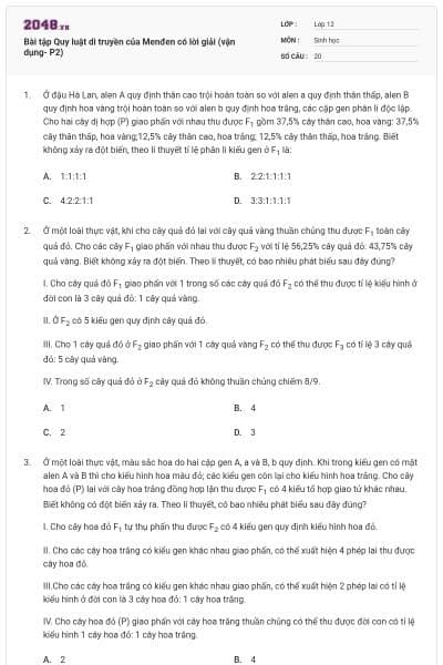 Bài tập Quy luật di truyền của Menđen có lời giải (vận dụng- P2)