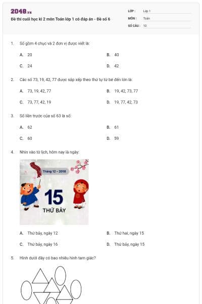 Đề thi cuối học kì 2 môn Toán lớp 1 có đáp án - Đề số 6