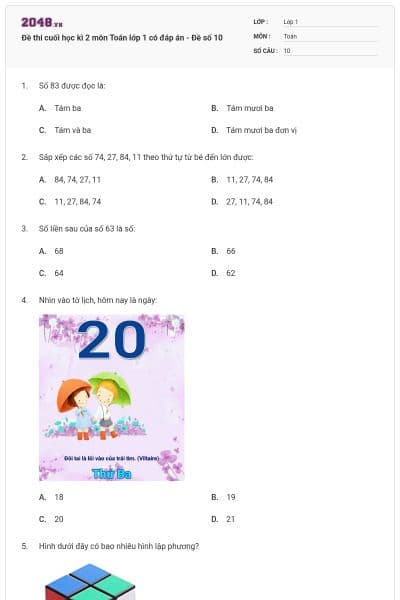 Đề thi cuối học kì 2 môn Toán lớp 1 có đáp án - Đề số 10