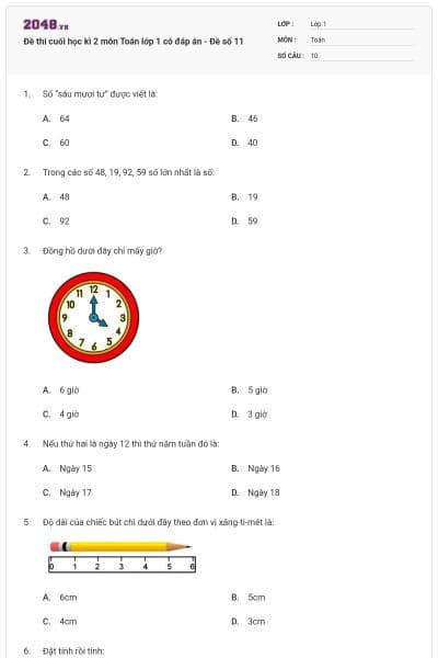 Đề thi cuối học kì 2 môn Toán lớp 1 có đáp án - Đề số 11