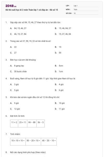 Đề thi cuối học kì 2 môn Toán lớp 1 có đáp án - Đề số 15