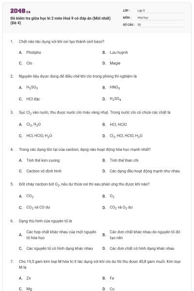 Đề kiểm tra giữa học kì 2 môn Hoá 9 có đáp án (Mới nhất) (Đề 4)