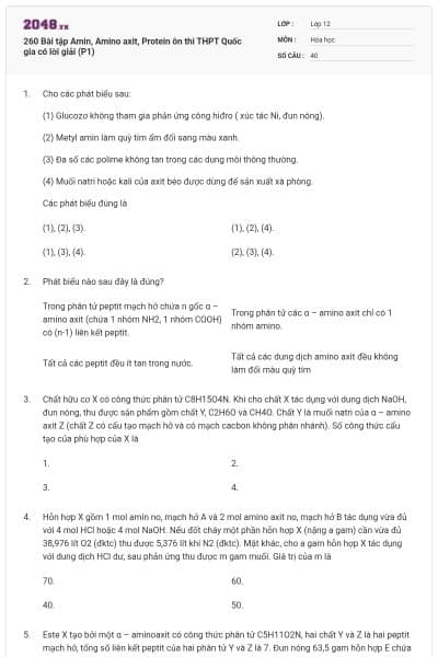 260 Bài tập Amin, Amino axit, Protein ôn thi THPT Quốc gia có lời giải (P1)
