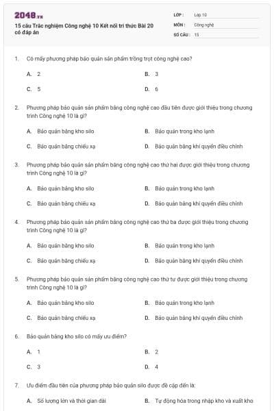 15 câu Trắc nghiệm Công nghệ 10 Kết nối tri thức Bài 20 có đáp án