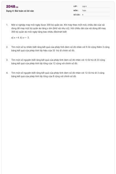Dạng 4: Bài toán có lời văn