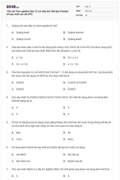 128 câu  Trắc nghiệm Hóa 12 (có đáp án): Bài tập lí thuyết về hợp chất của sắt (P5)