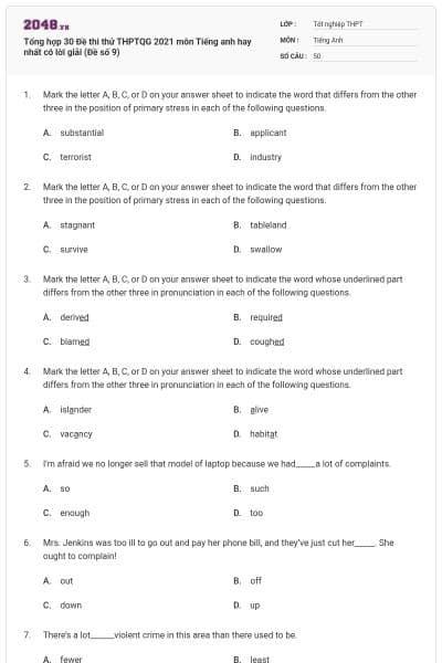 Tổng hợp 30 Đề thi thử THPTQG 2021 môn Tiếng anh hay nhất có lời giải (Đề số 9)