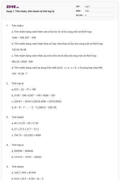 Dạng 1: Tính nhẩm, tính nhanh và tính hợp lý