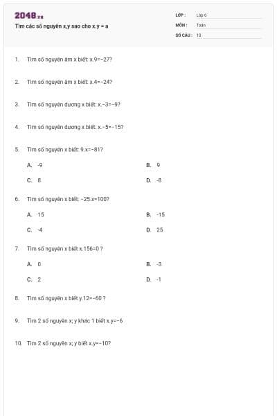 Tìm các số nguyên x,y sao cho x.y = a