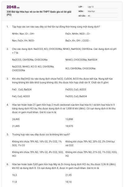 330 Bài tập Hóa học vô cơ ôn thi THPT Quốc gia có lời giải (P2)