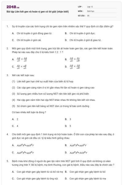 Bài tập Liên kết gen và hoán vị gen có lời giải (nhận biết)