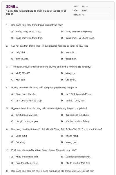 15 câu Trắc nghiệm Địa lý 10 Chân trời sáng tạo Bài 13 có đáp án