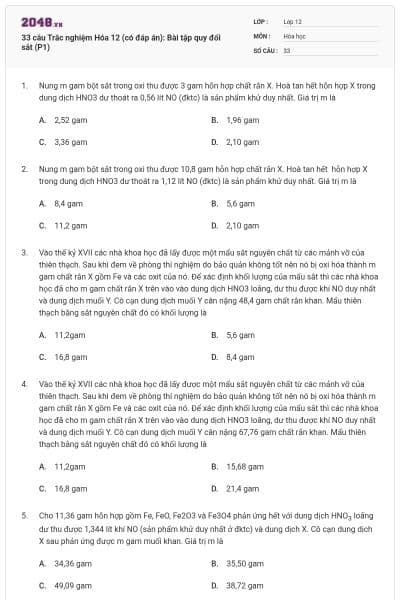 33 câu Trắc nghiệm Hóa 12 (có đáp án): Bài tập quy đổi sắt (P1)